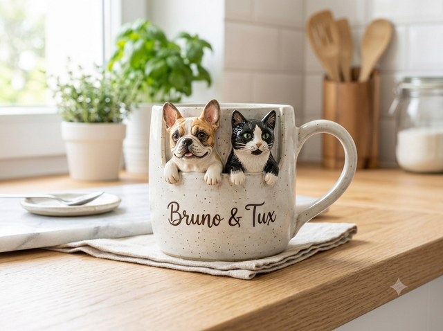 Duo Cane e Gatto — tazza in ceramica con rilievo